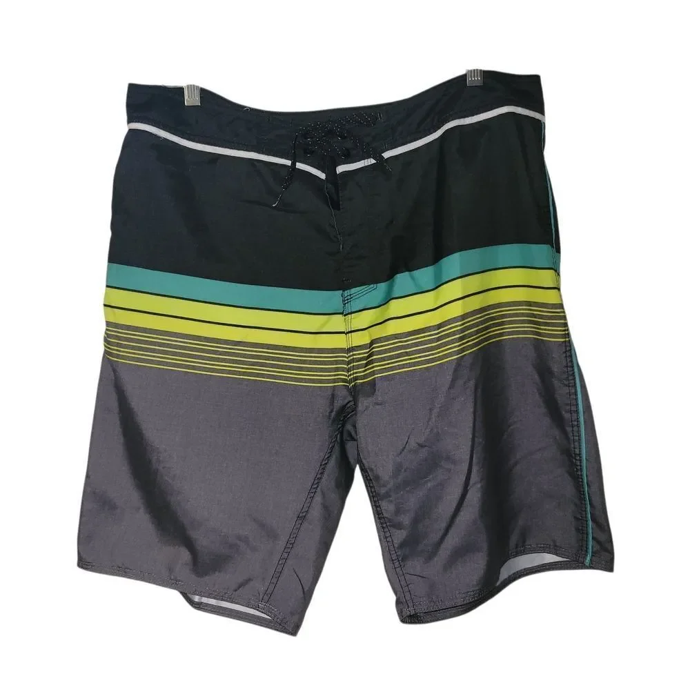 Burnside Black and Green Striped Swim Trunks
